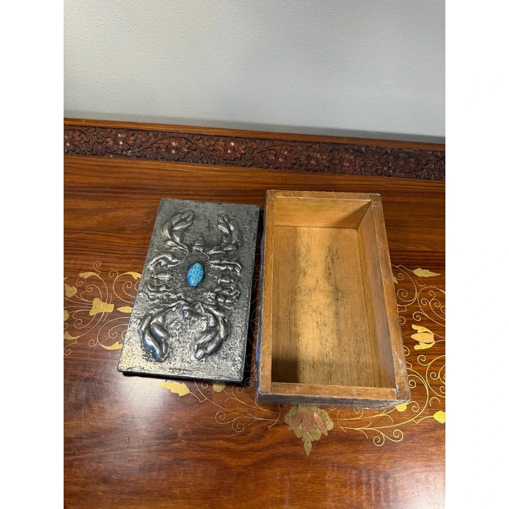 Antique Art Nouveau Pewter Box • Repoussé Jewelry Casket w/ Blue Glass Cabochon